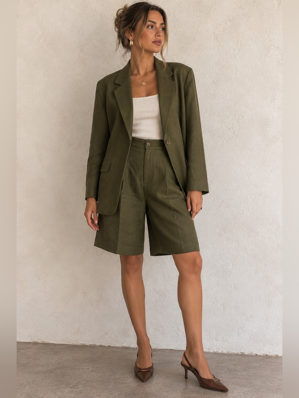 Vintage Giorgio Sant Angelo Linen Blend Blazer Shorts Set Olive Green 12/14